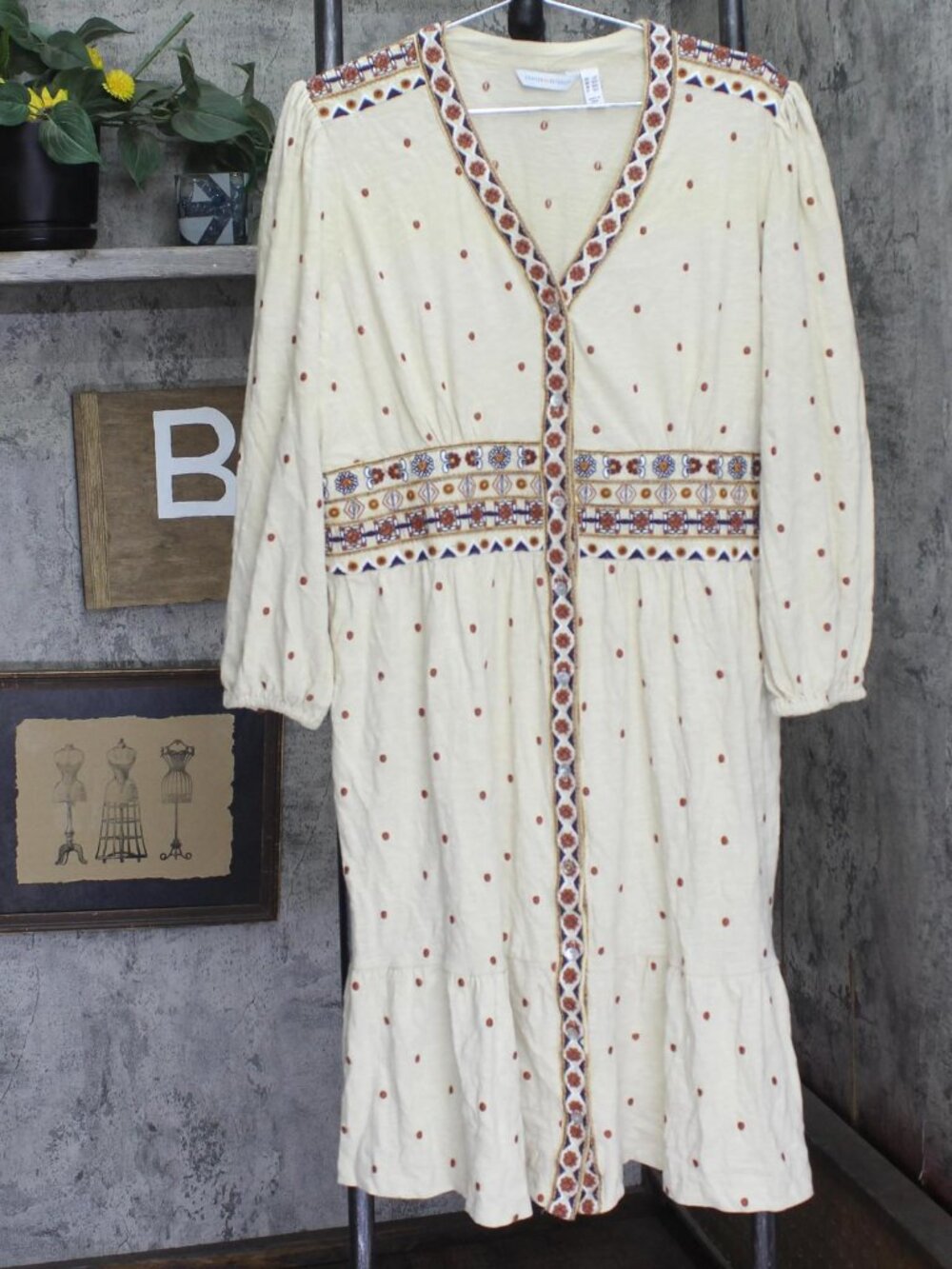 Canyon Retreat by Denim & Co. Front Embroidered Midi Dress Oatmeal Brown PL